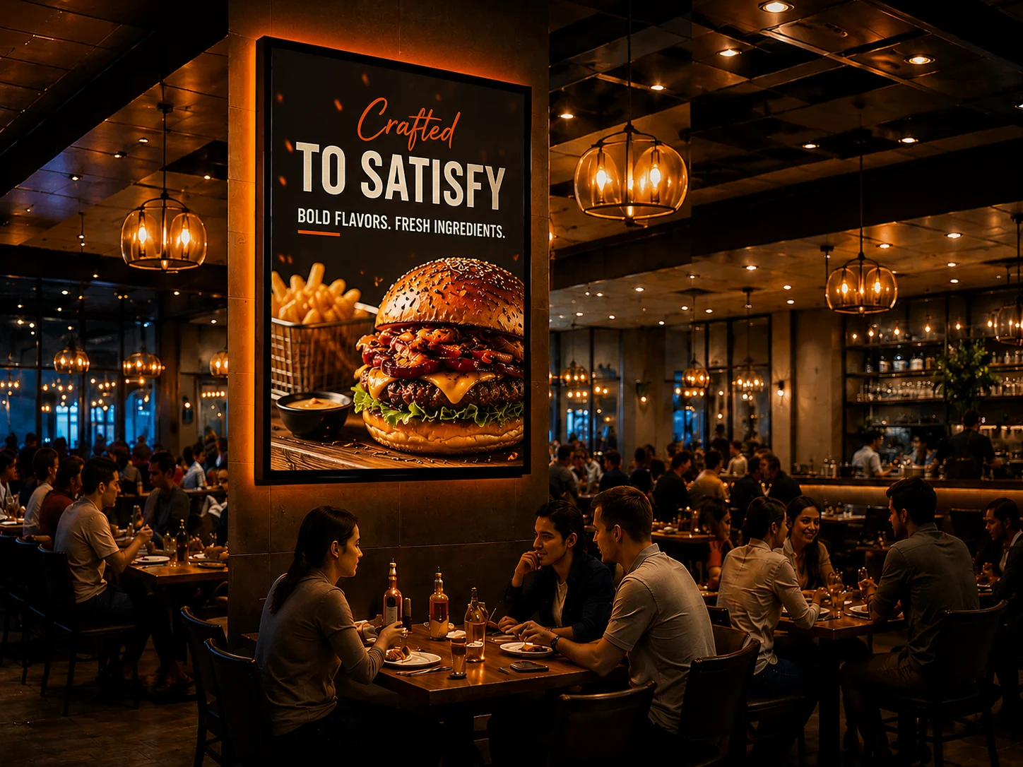 AdsMesh smart screens inside local venues — restaurants, cafés, gyms and fitness studios, salons and barbers, laundromats, and neighborhood retail and markets.
