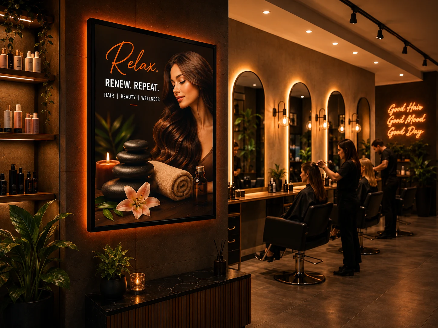 Smart screen playing a targeted ad inside a local café
